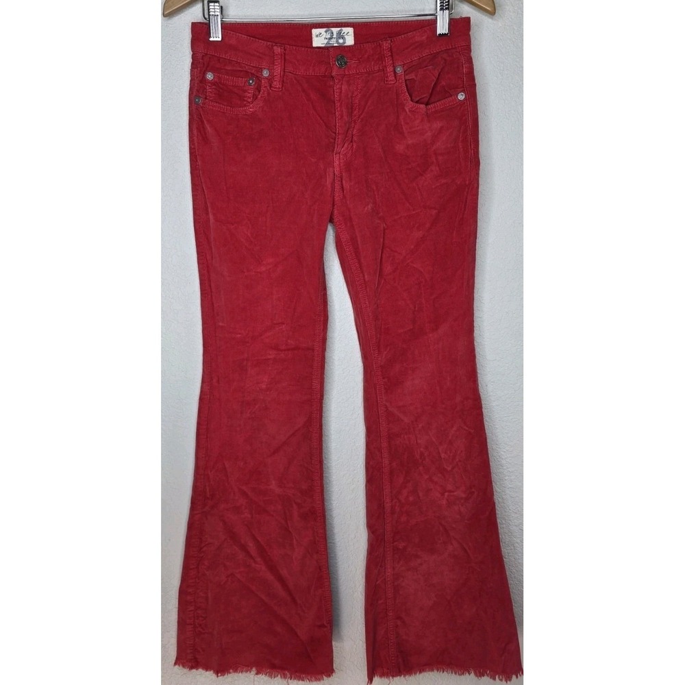 We The Free People Women Flare Pant Red Corduroy Raw Hem Boho Rodeo Frayed 26x31